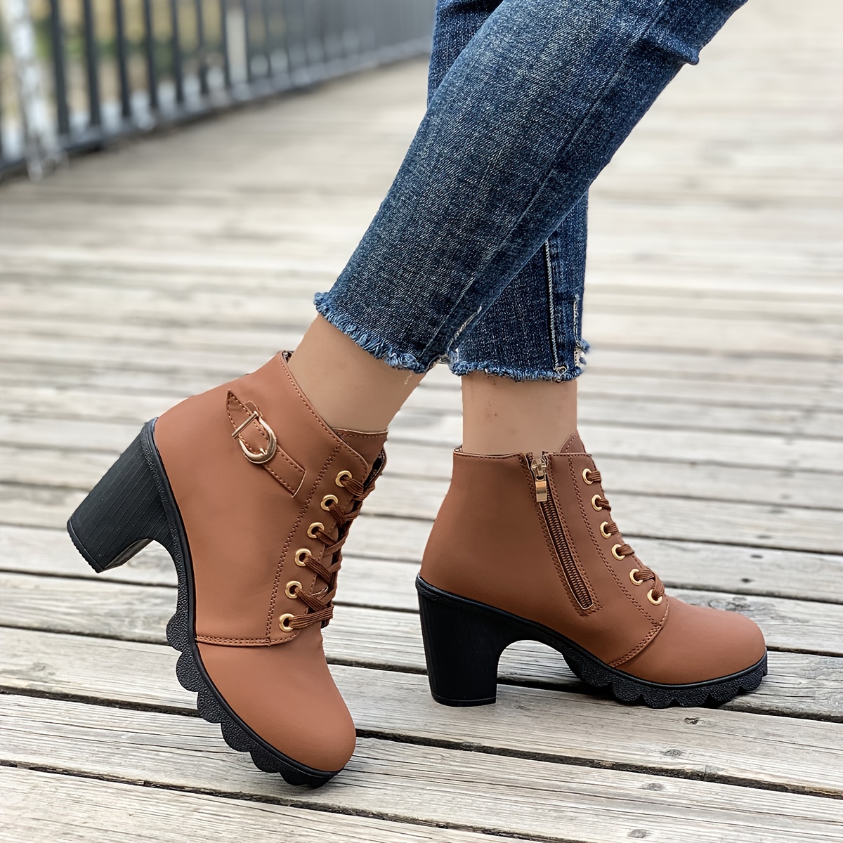 womens chunky heeled ankle boots solid color side zipper boots beer festival dress shoes details 2