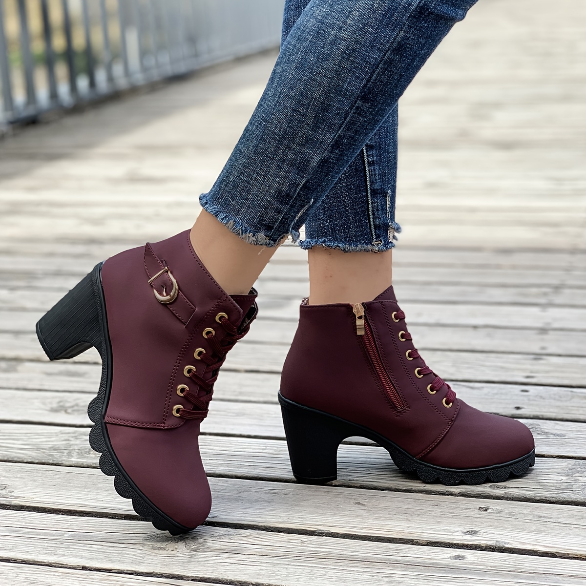 womens chunky heeled ankle boots solid color side zipper boots beer festival dress shoes details 7