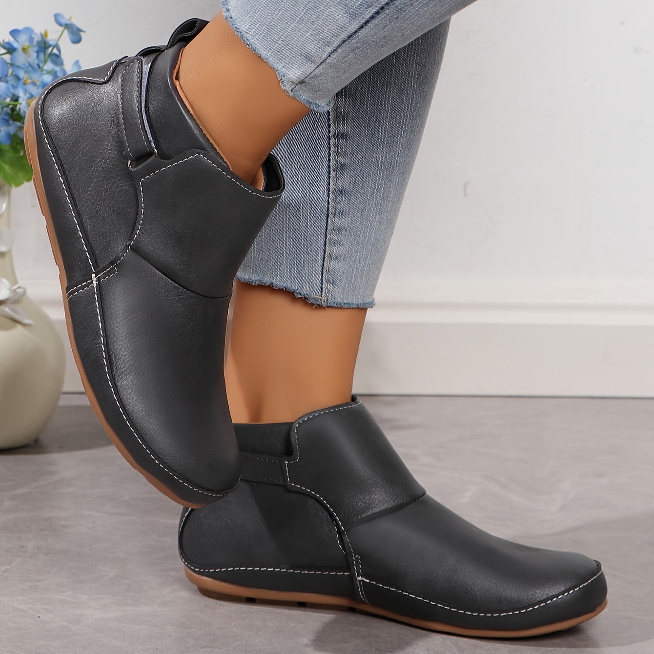 womens solid color trendy boots slip on soft sole platform buckle belt boots versatile round toe winter boots details 8