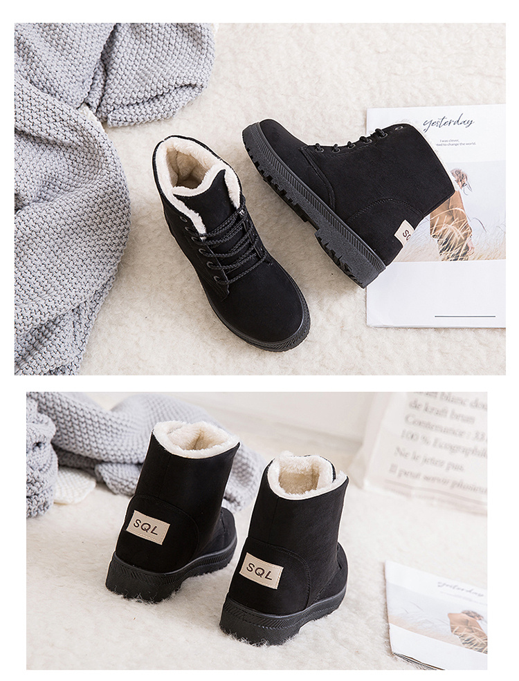 womens fleece liner ankle snow boots thermal comfy lace up flat shoes round toe anti slip shoes details 0