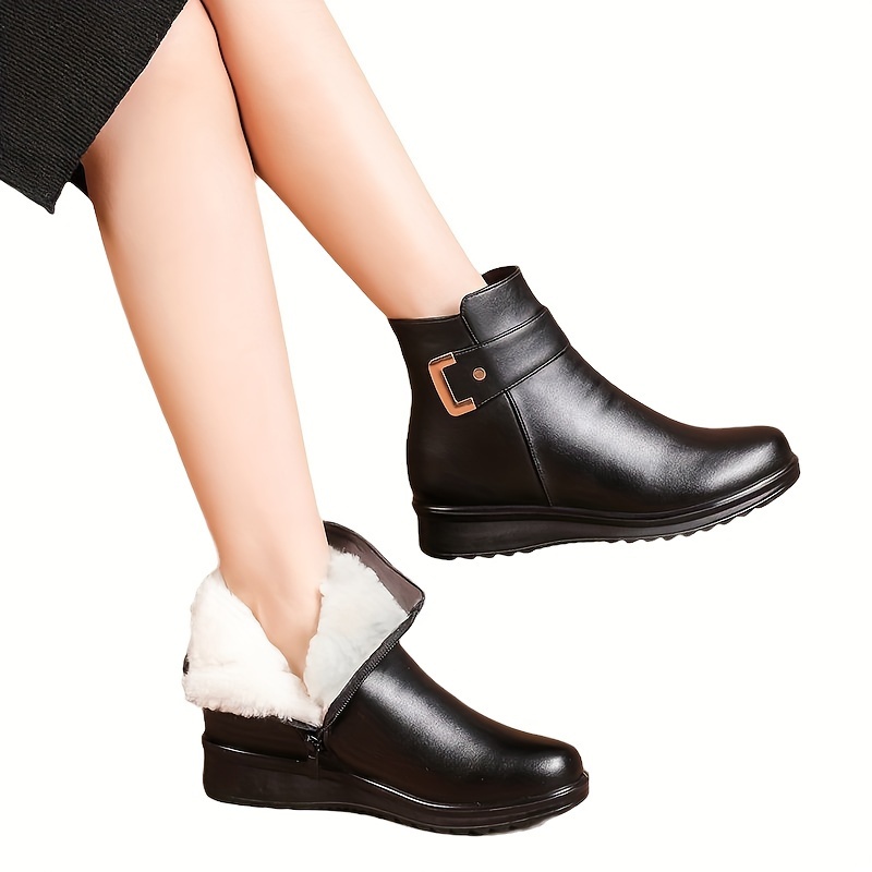 womens winter plush lined ankle boots buckle detail side zipper warm boots thermal outdoor short boots details 4
