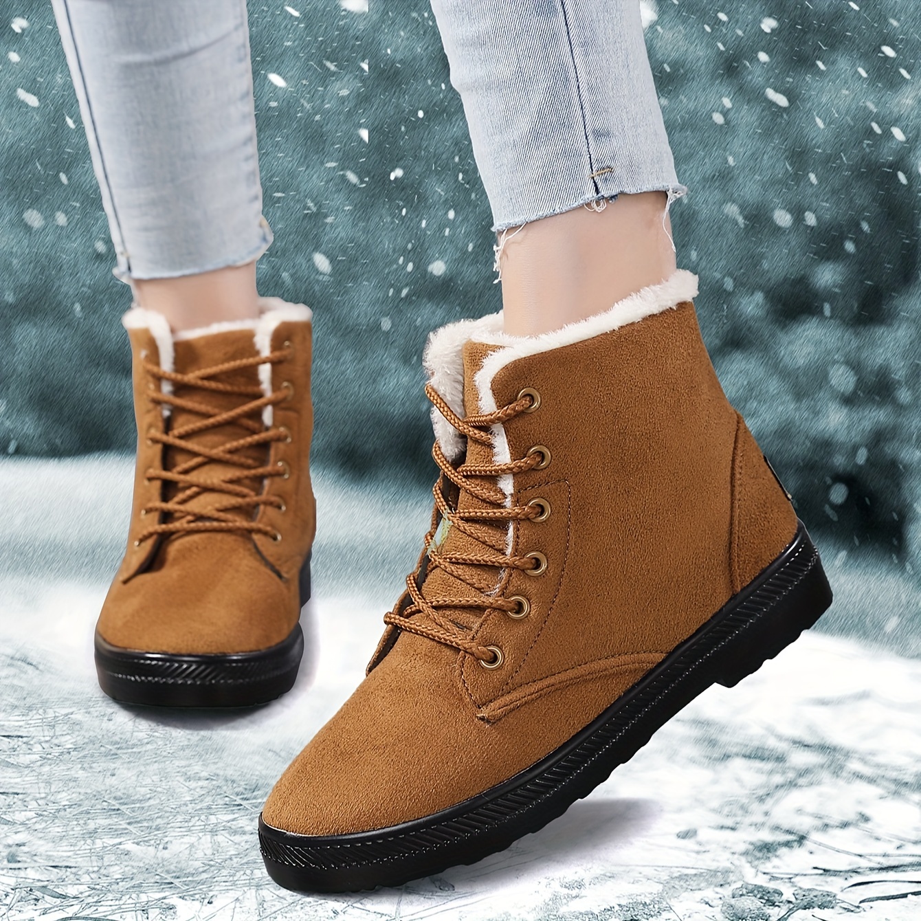 womens suedette pattern flatform boots lace up thick bottom velvet warm non slip snow boots wear resistant comfy shoes details 4