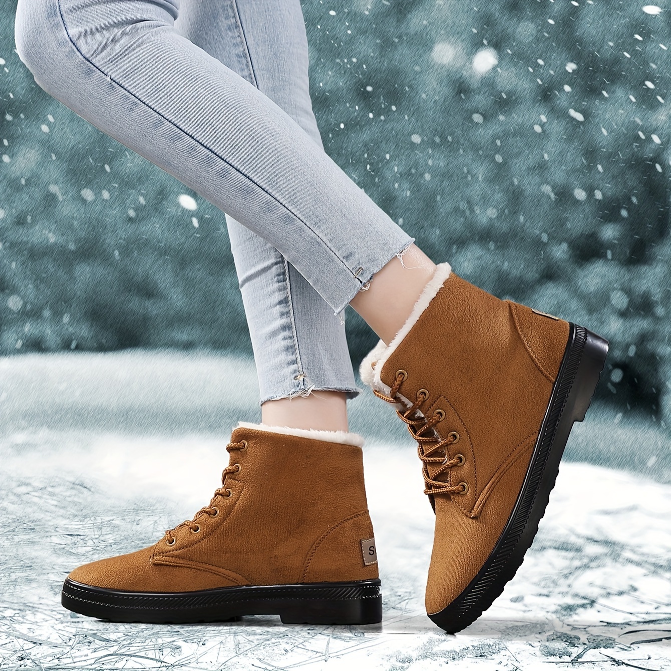 womens suedette pattern flatform boots lace up thick bottom velvet warm non slip snow boots wear resistant comfy shoes details 6